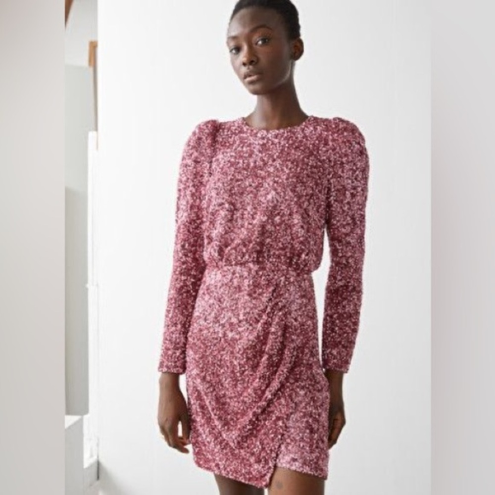 & Other Stories Pink Sequin Long Sleeve Mini Dress